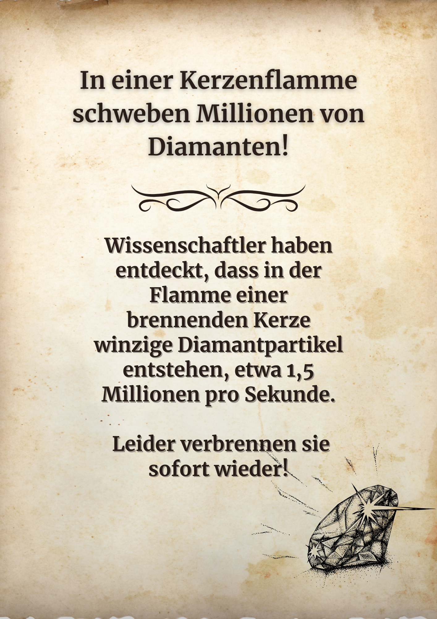 Illustration eines funkelnden Diamanten mit Text: In einer Kerzenflamme schweben Millionen von Diamanten – Wissenschaftliche Entdeckung über winzige Diamantpartikel, die in der Flamme entstehen und sofort verbrennen.