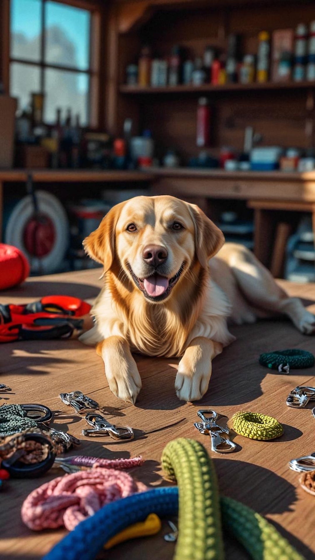 Golden Retriever zwischen bunten Paracord Seilen – Kreativ-Workshop in Tangermünde.