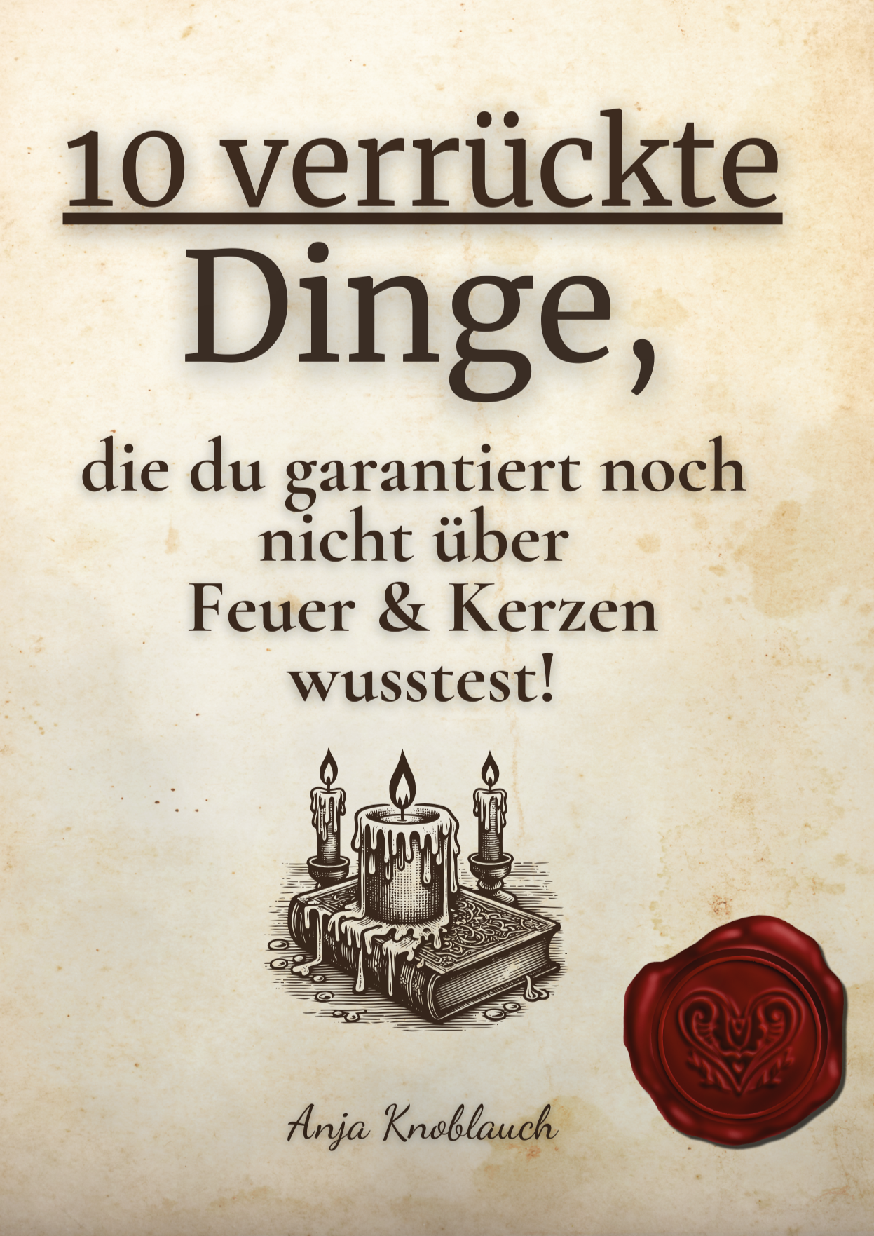 E-Book Cover: 10 verrückte Dinge, die du garantiert noch nicht über Feuer und Kerzen wusstest – mit antikem Design, Siegel und Illustration einer Kerze. Autorin: Anja Knoblauch.