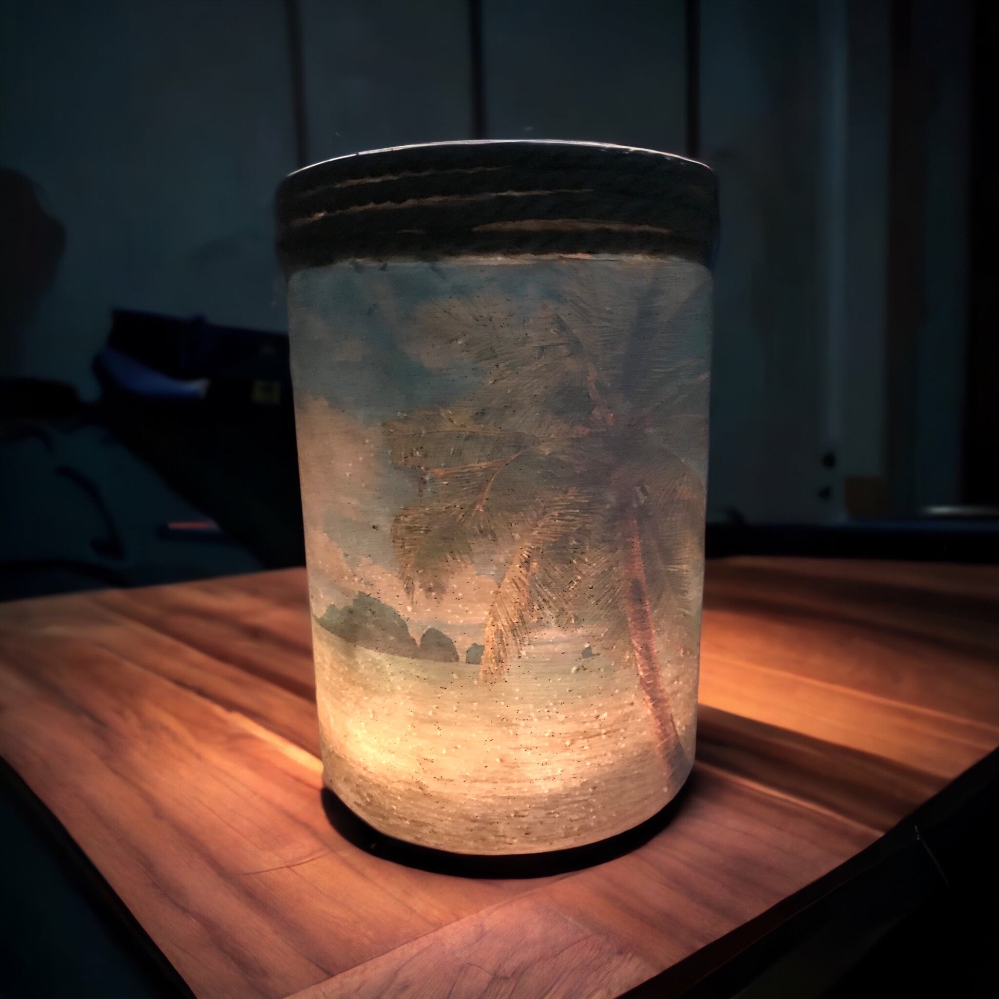 Deko Glas / Windlicht handgefertigt Motiv Palme, stilvolles Wohnaccessiore.