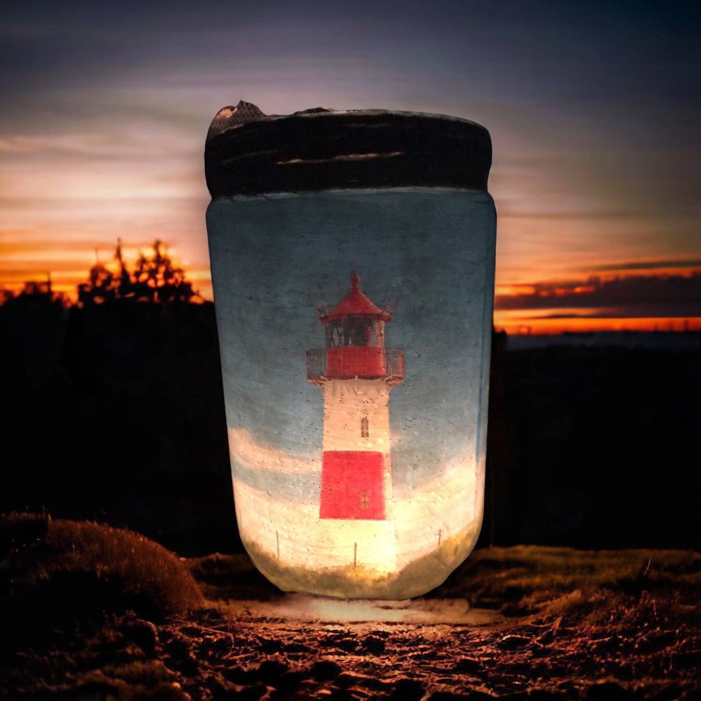 Geschenkidee Windlicht mit Leuchtturm Motiv, handgefertigt.